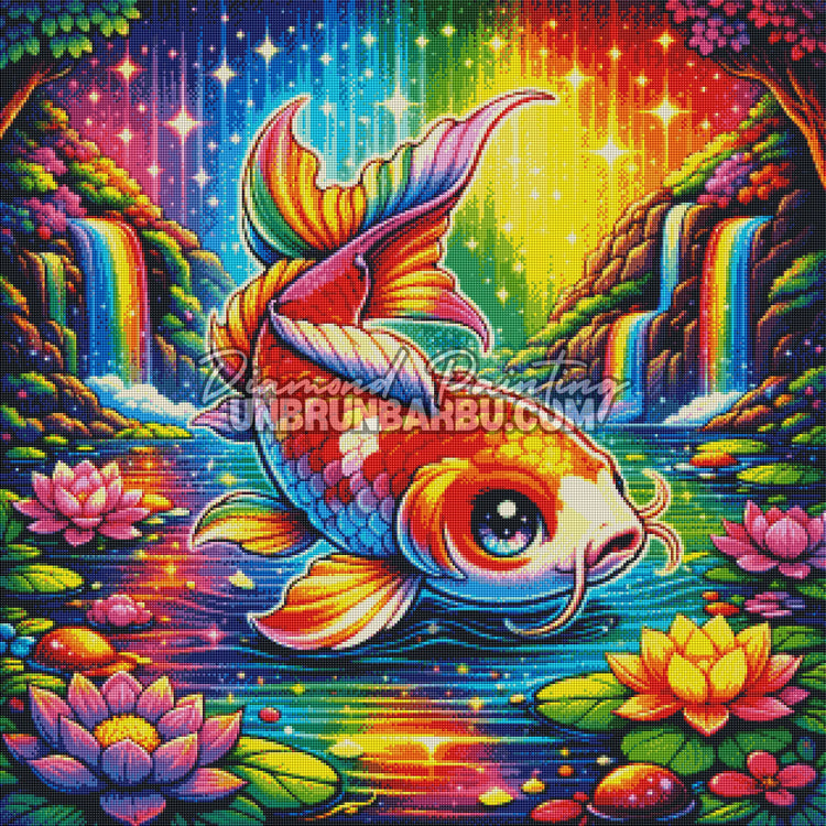 Rendu diamanté du Diamond Painting Poisson Koi du Lac Arc-en-Ciel 80x80 cm