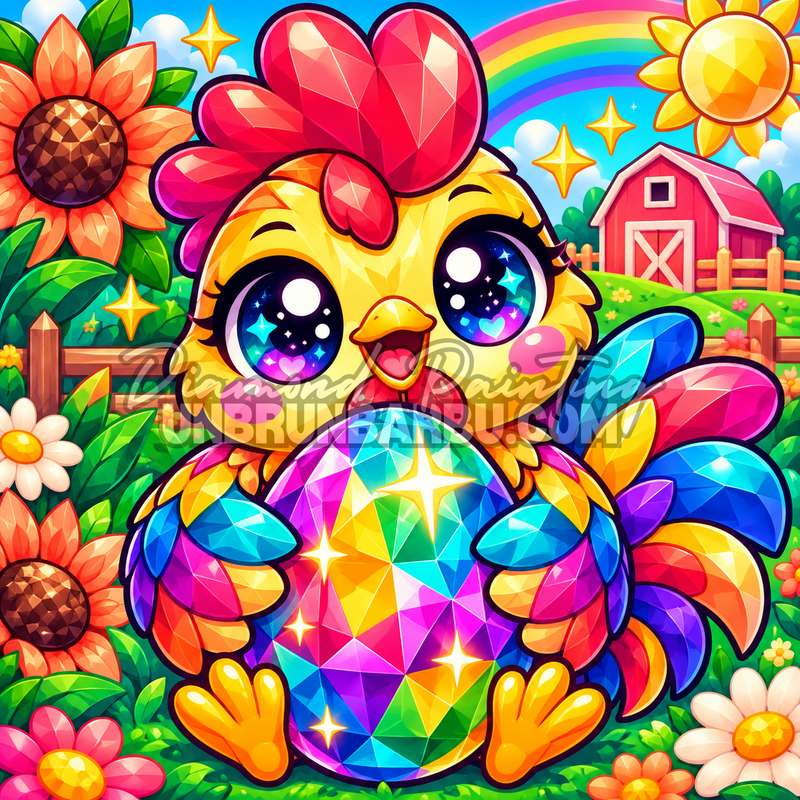 Diamond Painting Poule a l'Oeuf de Cristal 60x60 cm avec poule kawaii, fleurs, ferme et arc-en-ciel