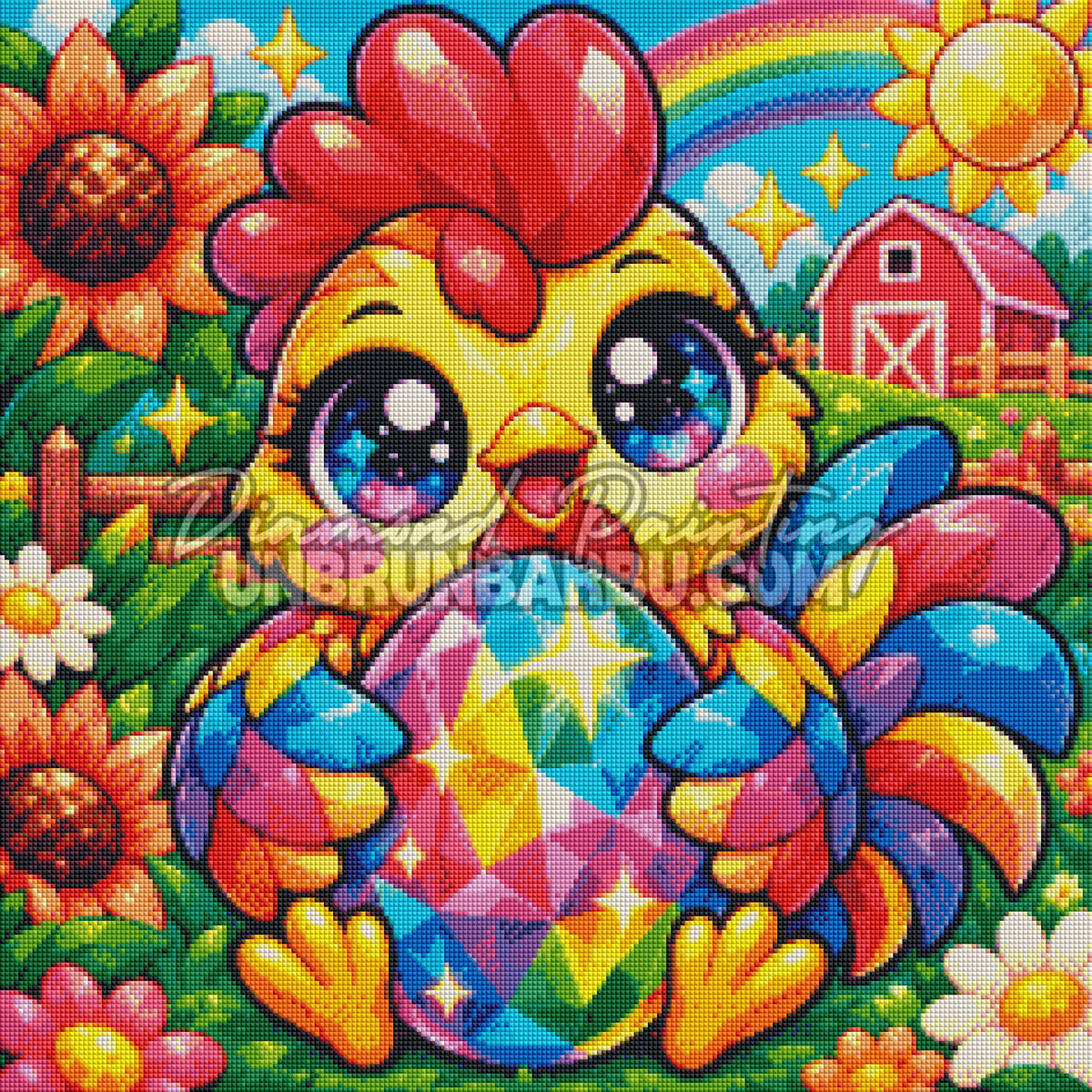 Rendu en Cristaux du Diamond Painting Poule a l'Oeuf de Cristal 60x60 cm avec oeuf multicolore et tournesols
