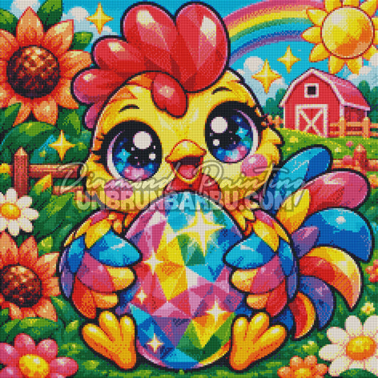 Rendu en Cristaux du Diamond Painting Poule a l'Oeuf de Cristal 60x60 cm avec oeuf multicolore et tournesols