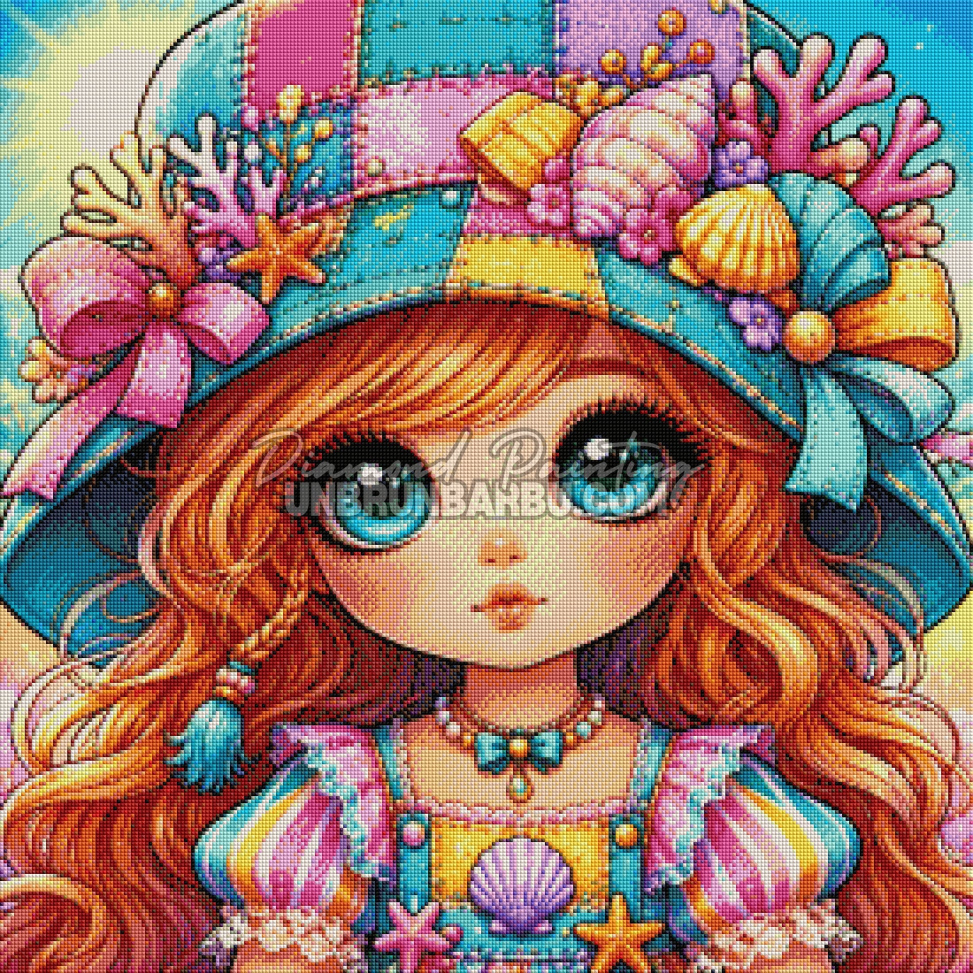 Rendu diamante du Diamond Painting Poupee aux Coquillages 70x70 cm avec chapeau marin colore