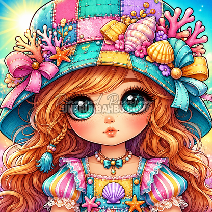 Diamond Painting Poupee aux Coquillages 70x70 cm avec yeux turquoise, coraux et etoiles de mer
