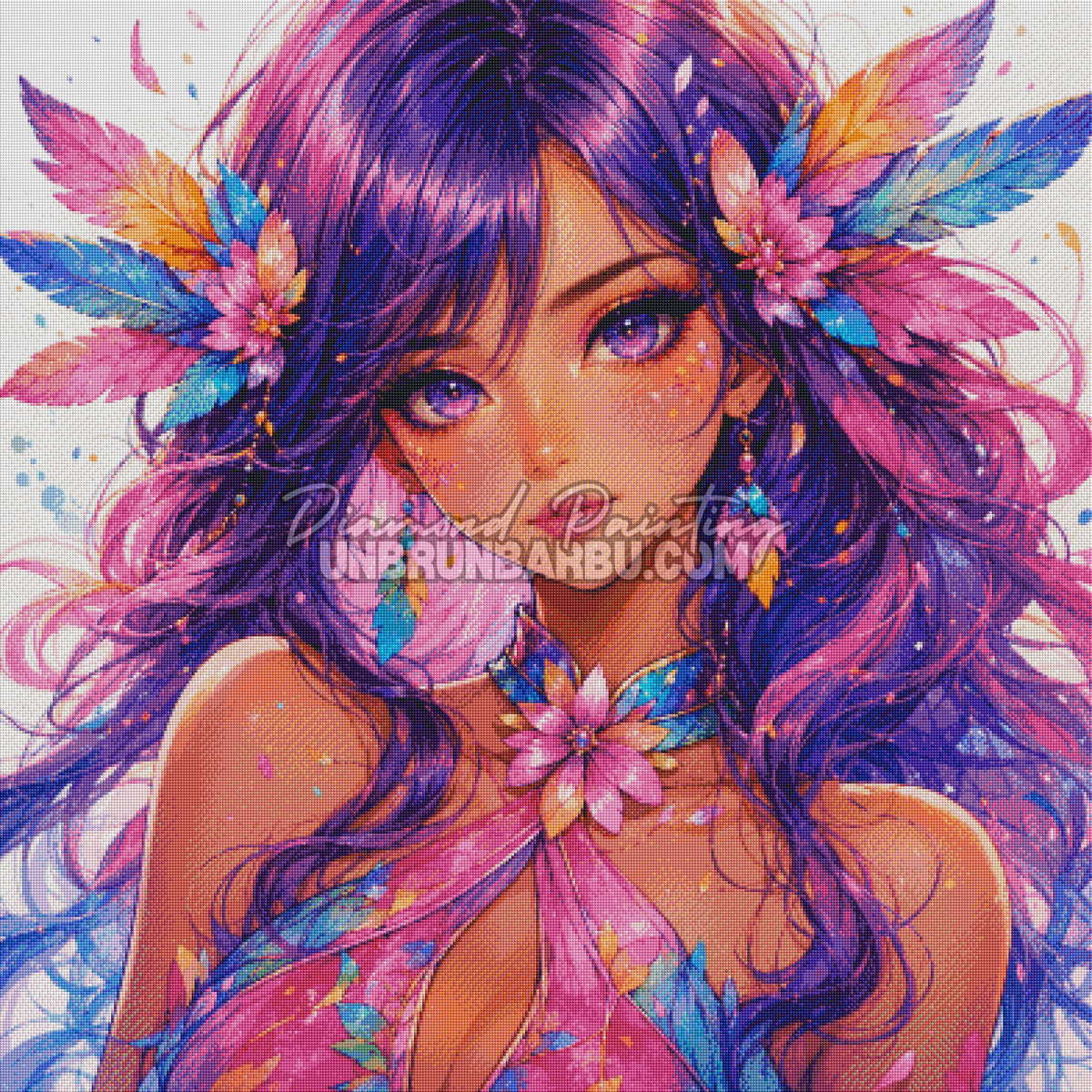 Rendu diamante du Diamond Painting Princesse Beaute aux Plumes Colorees 100x100 cm avec portrait violet et rose