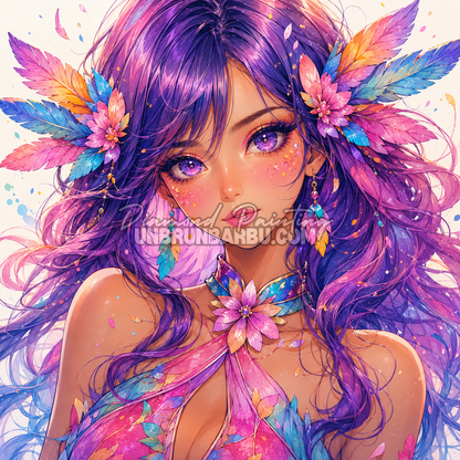 Diamond Painting Princesse Beaute aux Plumes Colorees 100x100 cm avec cheveux violets et bijoux fleuris