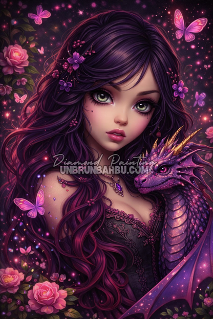 illustration diamond painting princesse dragon violet fantasy