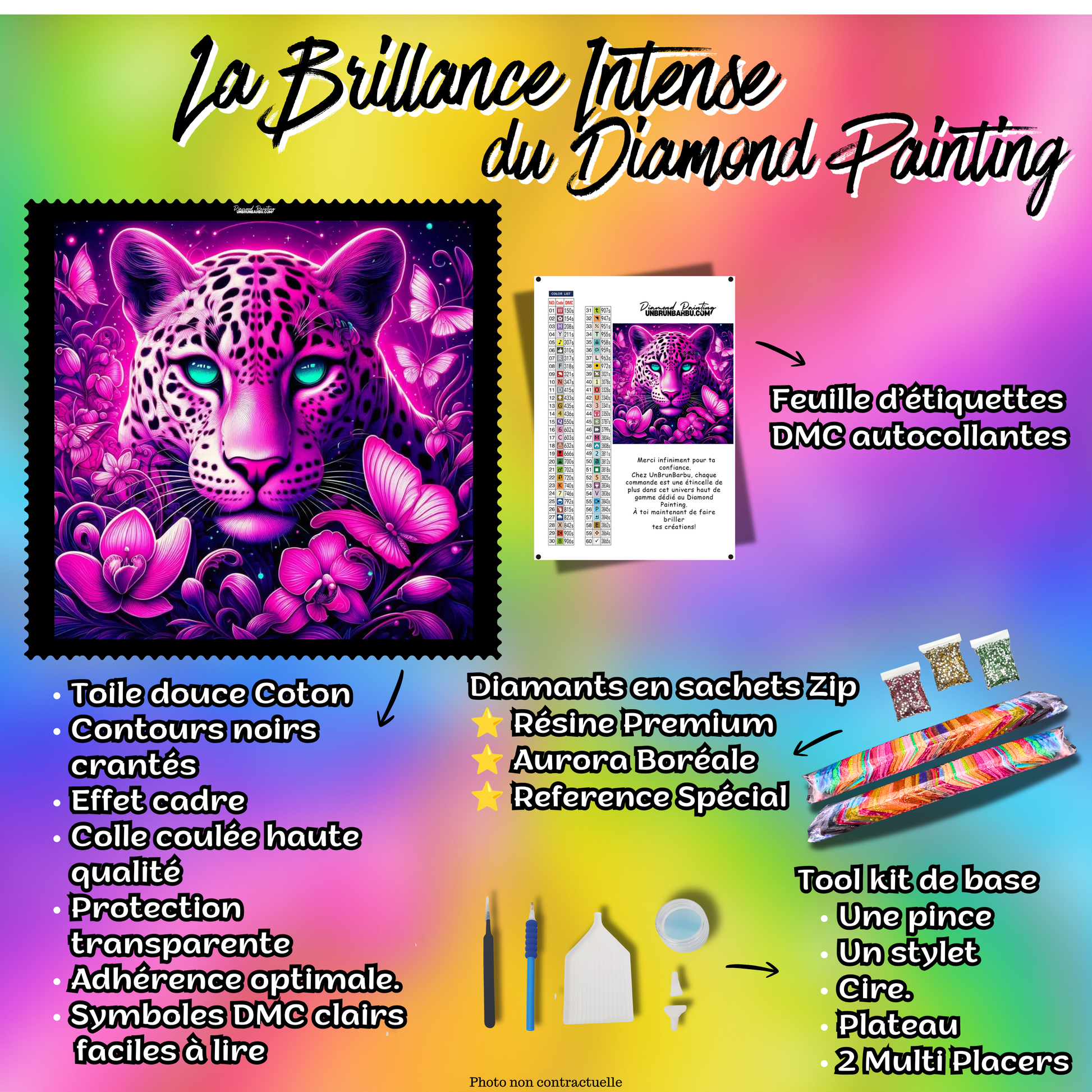 Kit Premium Diamond Painting Regard de la Panthère Rose avec toile coton, diamants, accessoires et feuille DMC