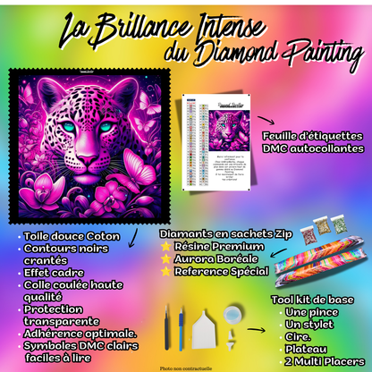Kit Premium Diamond Painting Regard de la Panthère Rose avec toile coton, diamants, accessoires et feuille DMC