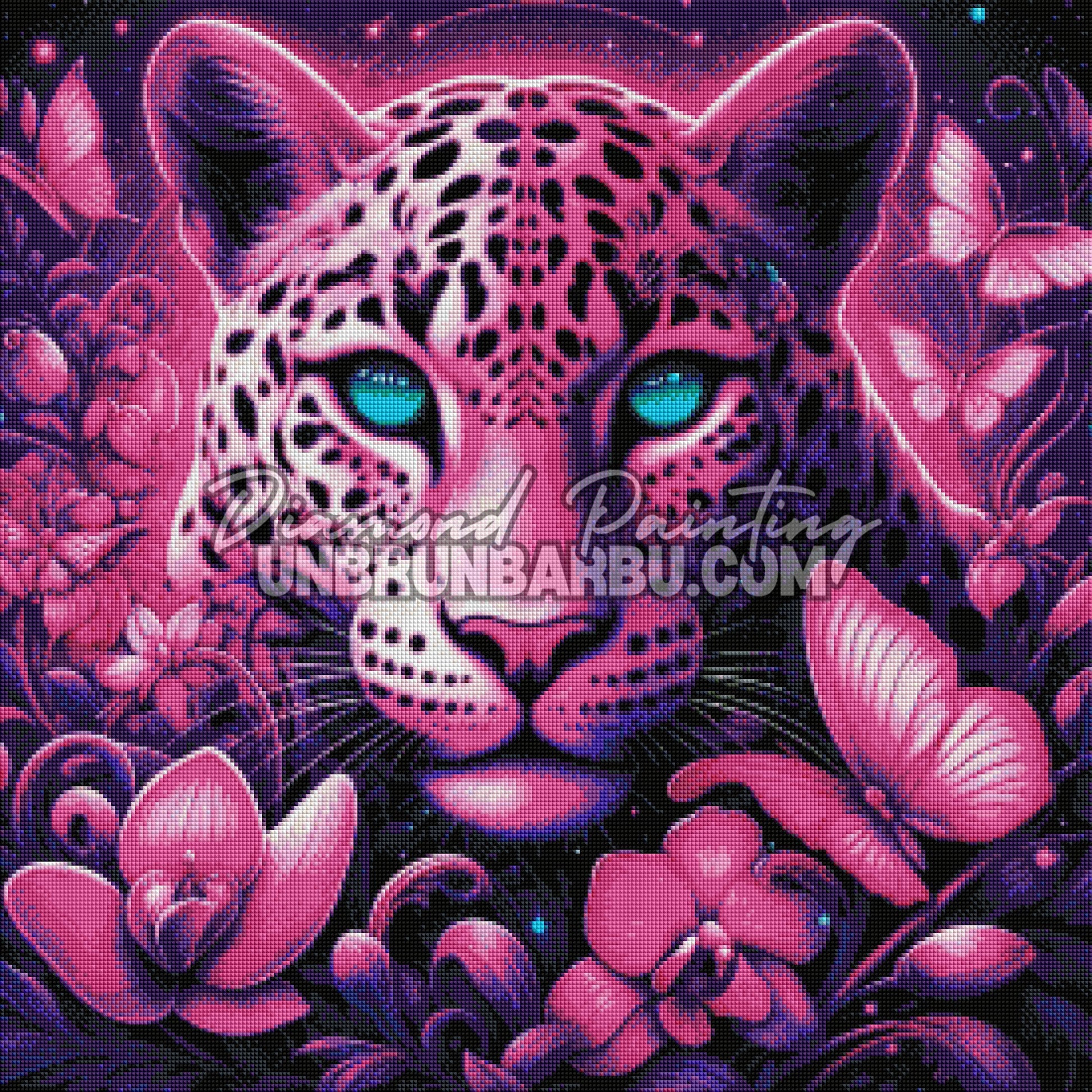 Layout Diamond Painting Regard de la Panthère Rose montrant le rendu complet des diamants sur la toile