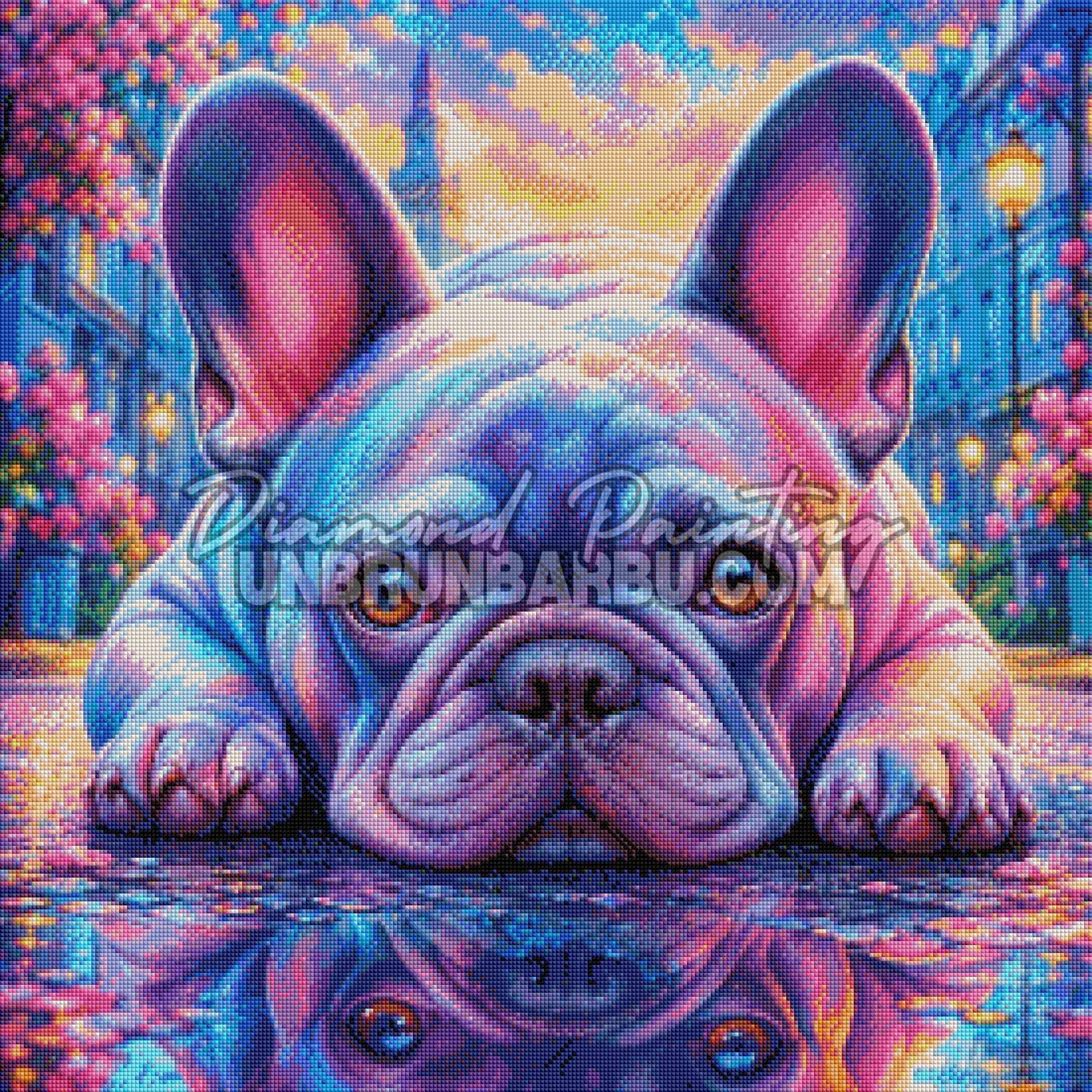 Rendu diamanté du Diamond Painting Regard du Bouledogue Français 70x70 cm avec reflet coloré dans l’eau