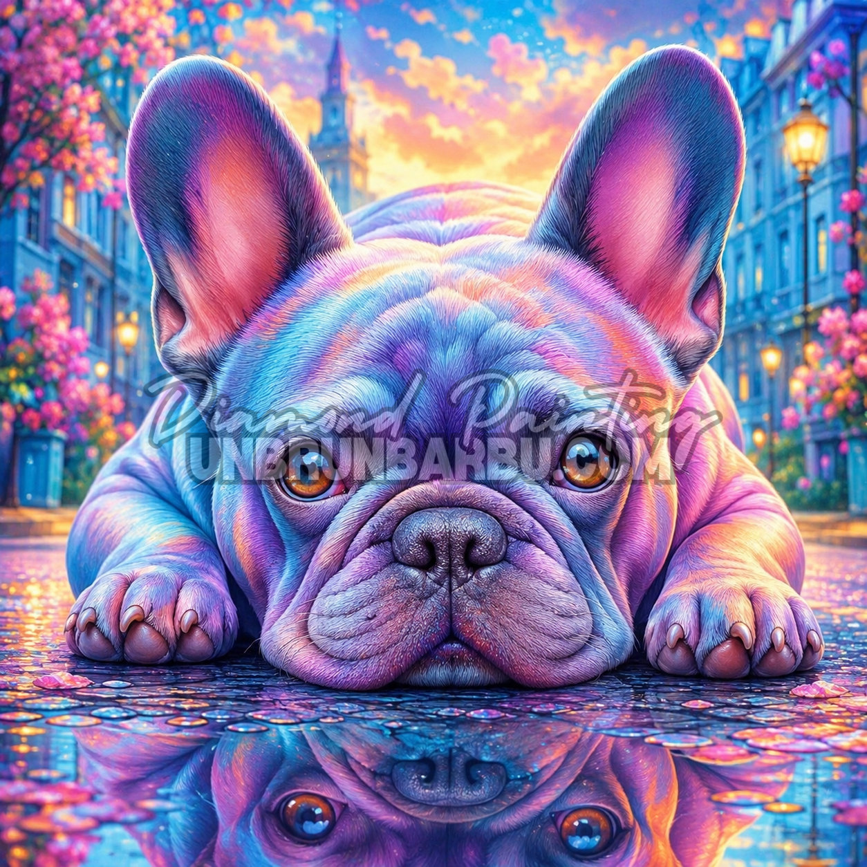 Diamond Painting Regard du Bouledogue Français 70x70 cm avec chien aux yeux ambrés dans une rue fleurie