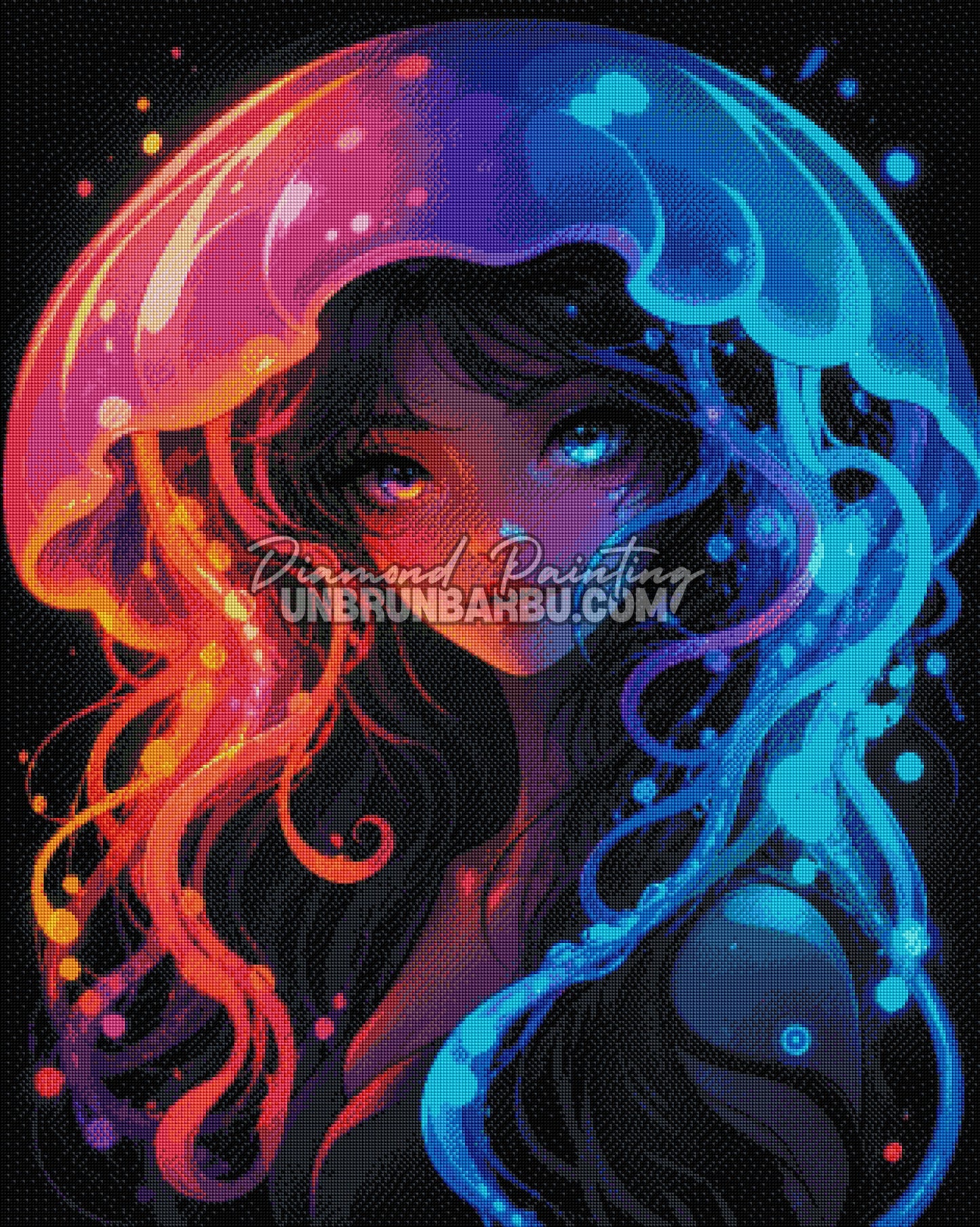 diamond painting reine des profondeurs couronne meduse rendu diamante bleu orange