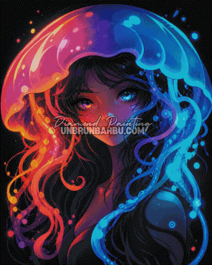 diamond painting reine des profondeurs couronne meduse rendu diamante bleu orange