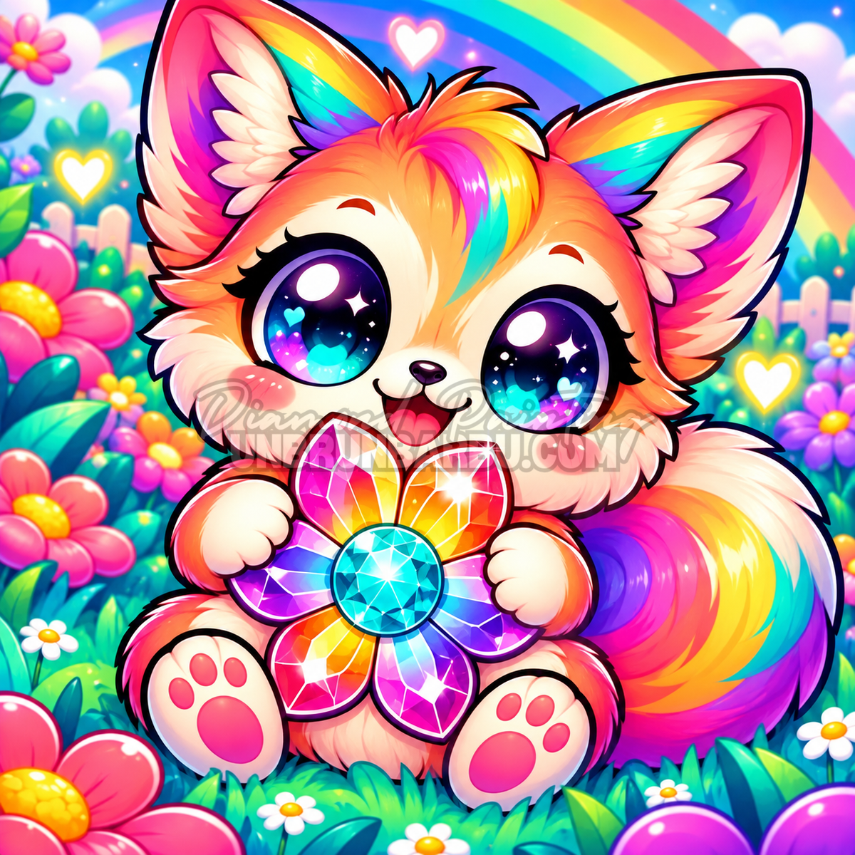 Diamond Painting Renard au Joyau Fleuri 100% Cristaux 60x60 cm avec fleur précieuse et pelage arc-en-ciel