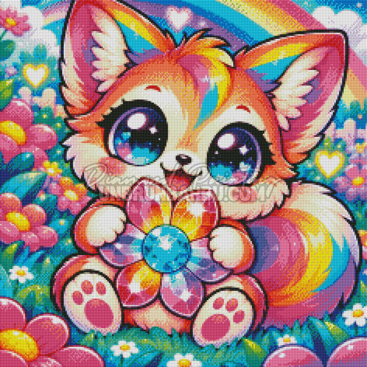 Rendu 100% Cristaux du Diamond Painting Renard au Joyau Fleuri 60x60 cm avec cœur turquoise et fleurs roses