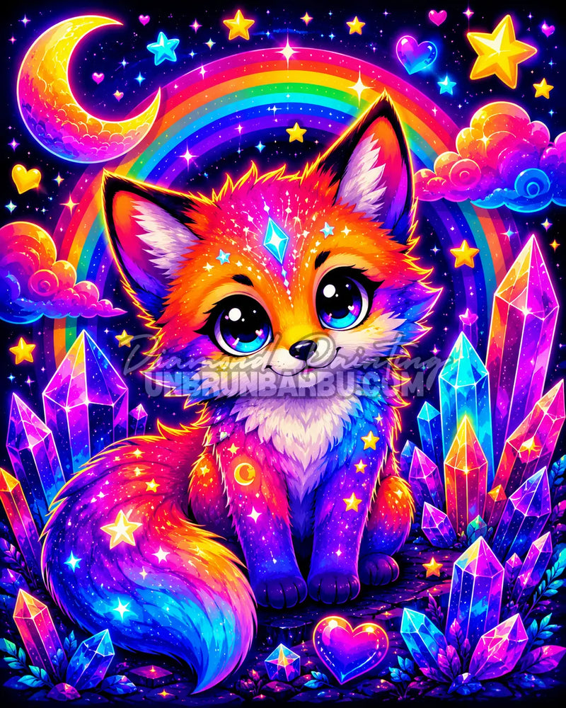 Diamond Painting Renard aux Cristaux Magiques 70x90 cm avec renard kawaii, arc-en-ciel et cristaux colorés