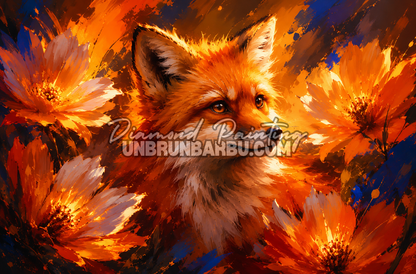 diamond painting renard des flammes florales 130x85 cm illustration renard fleurs orange