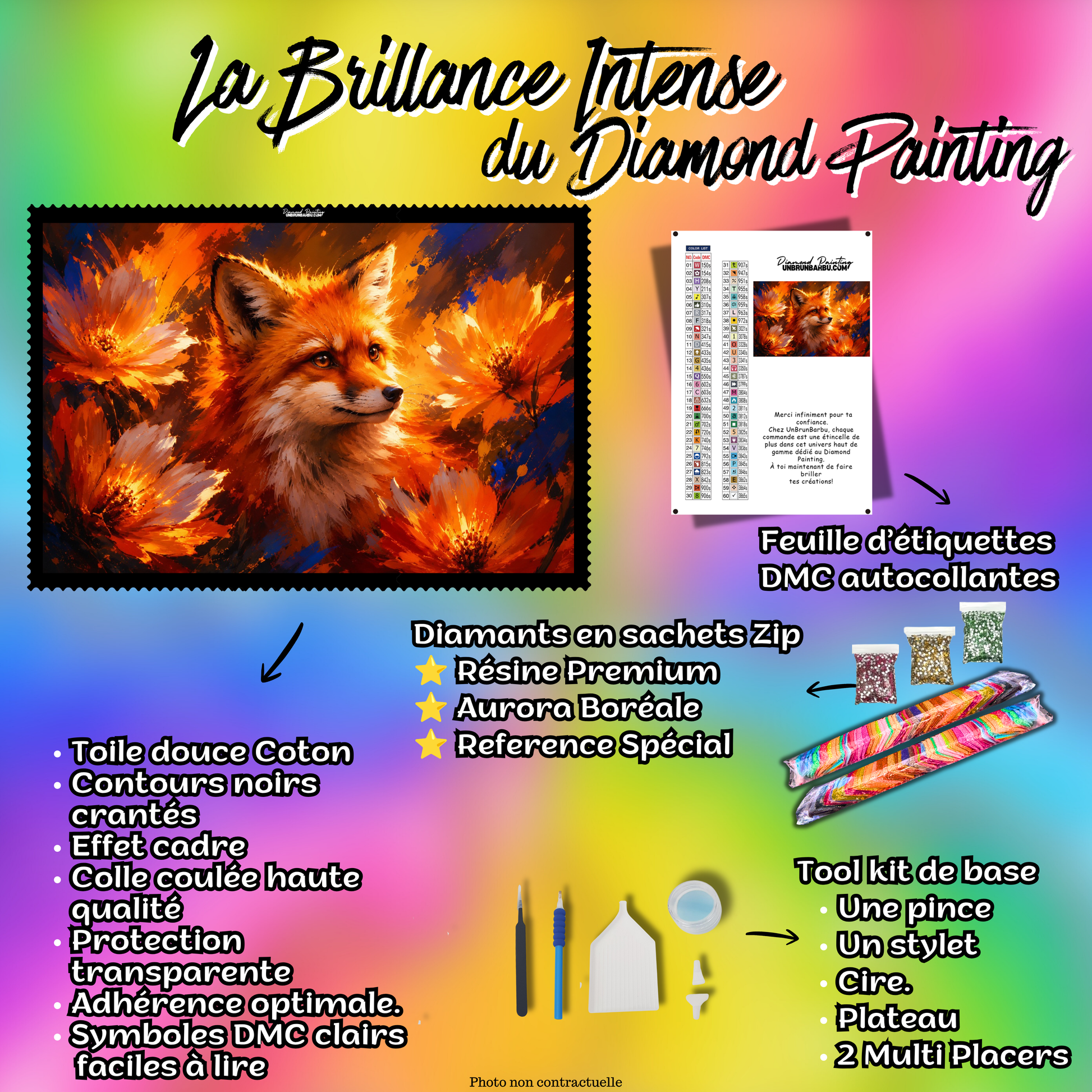kit diamond painting renard des flammes florales 130x85 cm contenu complet premium