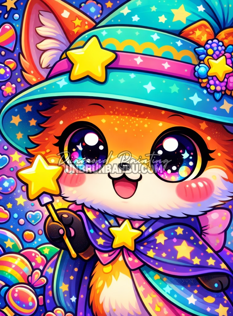 illustration diamond painting renard magicien kawaii arc en ciel