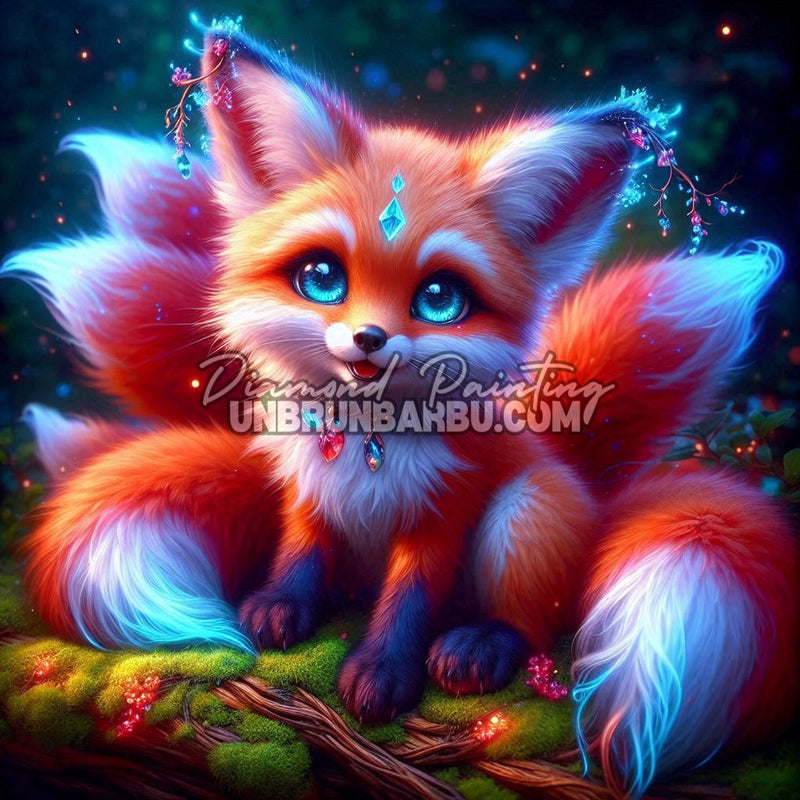illustration renard kawaii foret magique couleurs lumineuses fantastique