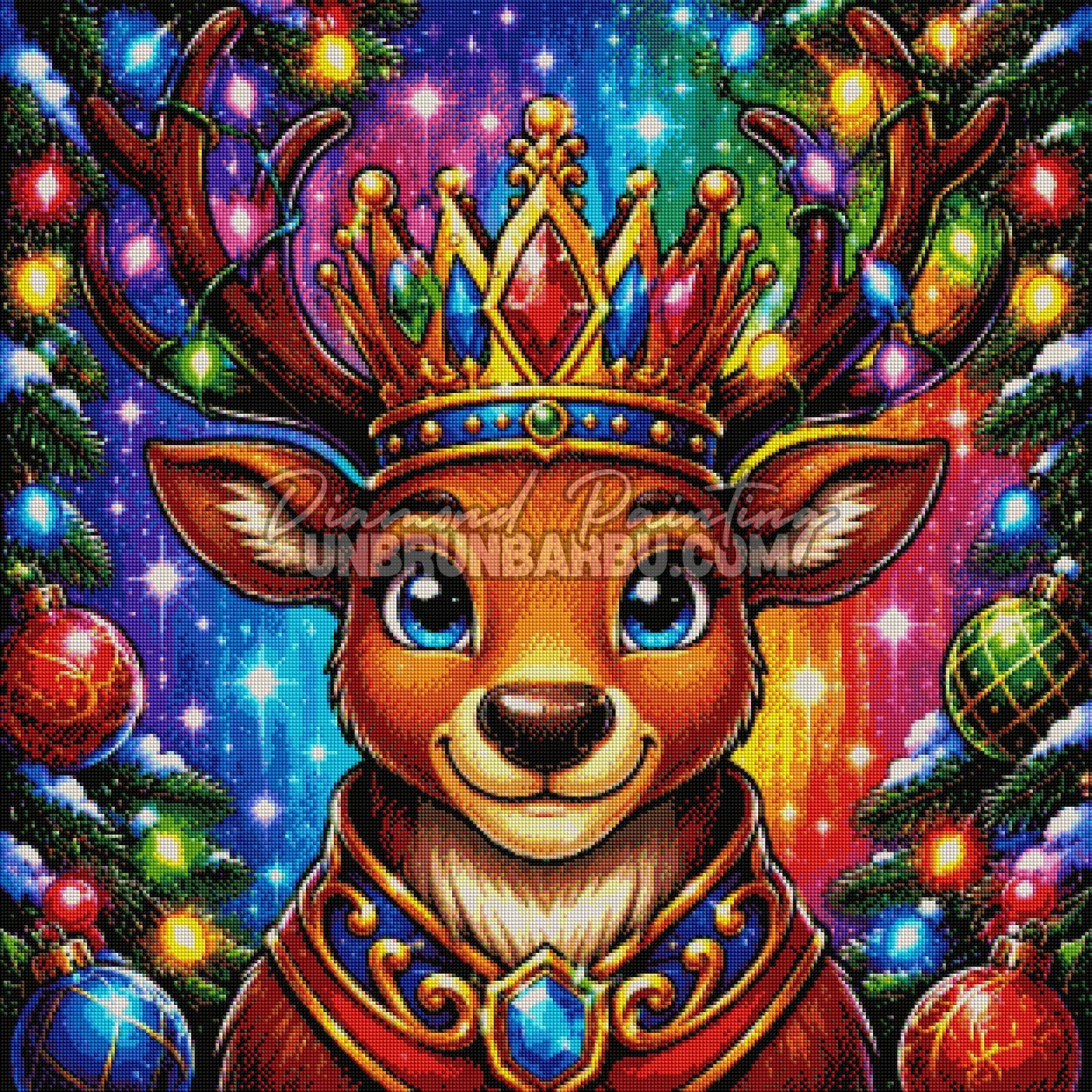 Rendu diamanté du Diamond Painting Renne aux Lumières de Noël 80x80 cm avec couronne, bois illuminés et décorations festives