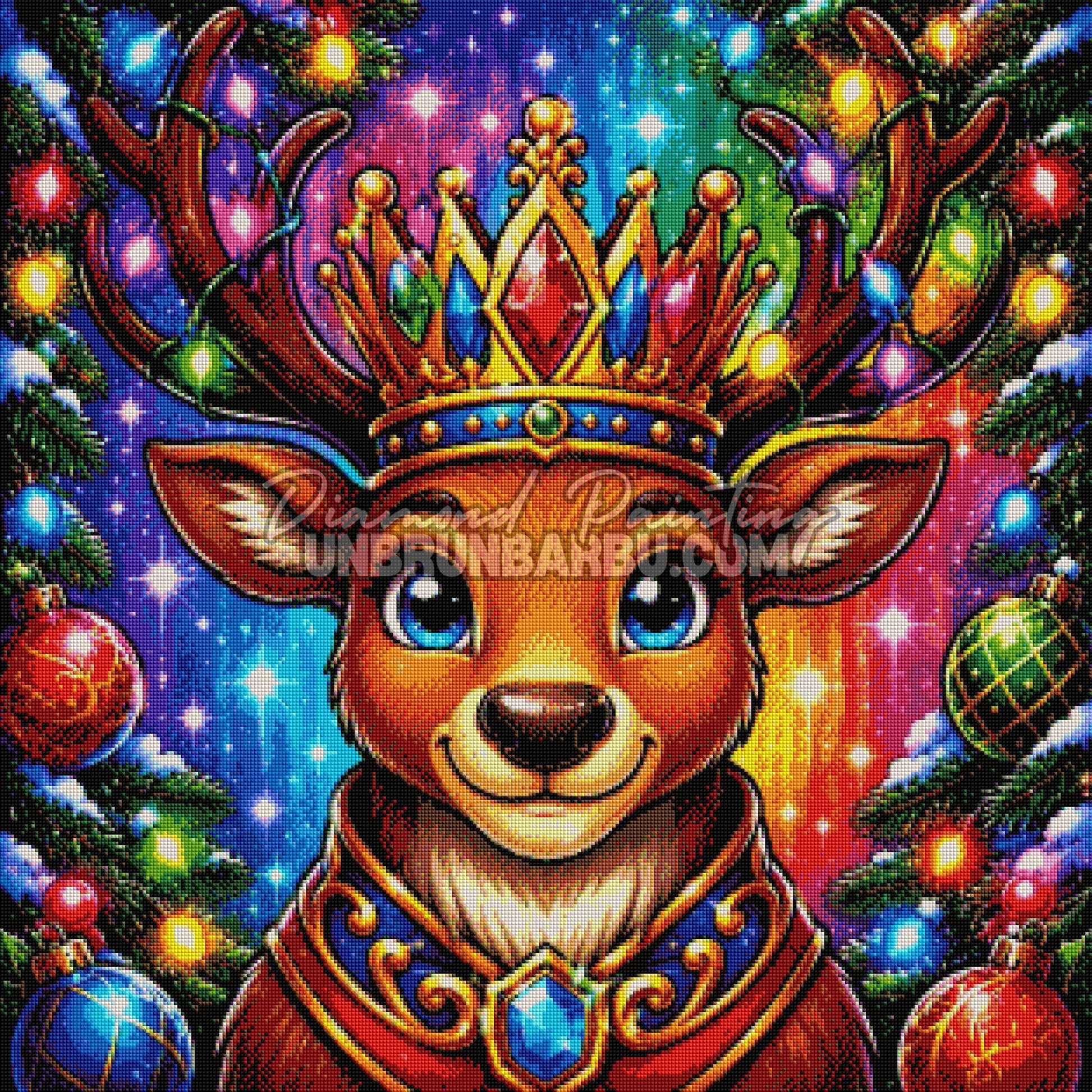 Rendu diamanté du Diamond Painting Renne aux Lumières de Noël 80x80 cm avec couronne, bois illuminés et décorations festives