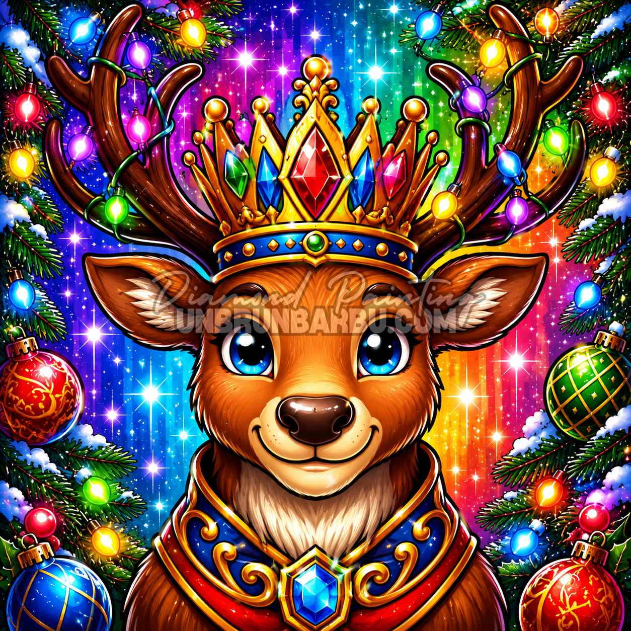 Diamond Painting Renne aux Lumières de Noël 80x80 cm avec renne couronné, guirlandes colorées et sapins enneigés