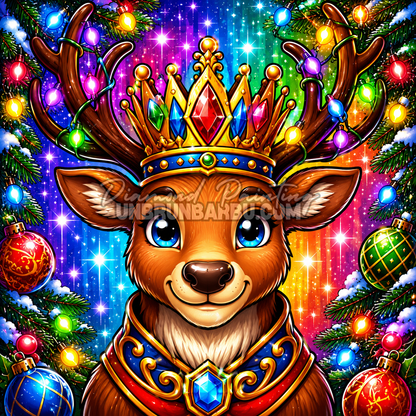 Diamond Painting Renne aux Lumières de Noël 80x80 cm avec renne couronné, guirlandes colorées et sapins enneigés