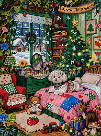 Rendu diamante du Reveil de Noel du Petit Chien 52x70 cm avec sapin lumineux, cadeaux et neige