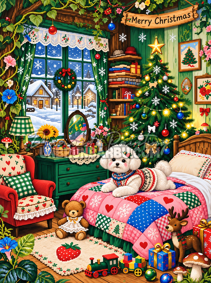 Diamond Painting Reveil de Noel du Petit Chien 52x70 cm avec chien blanc, sapin et chambre coloree