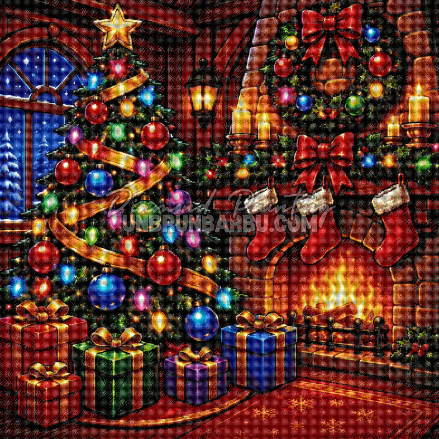 Rendu diamanté du Diamond Painting Le Réveillon au Coin du Feu 100x100 cm avec sapin, cheminée et cadeaux de Noël