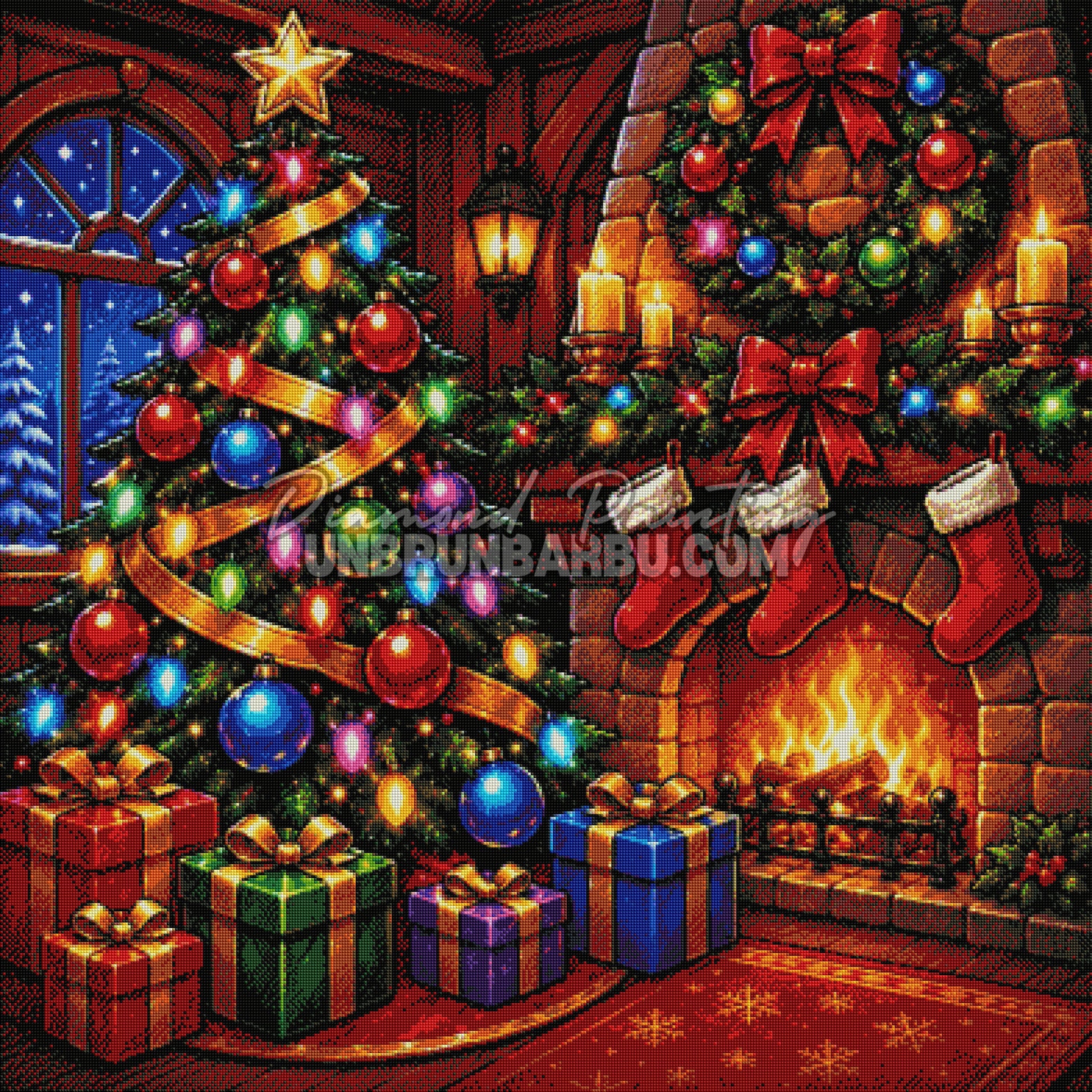 Rendu diamanté du Diamond Painting Le Réveillon au Coin du Feu 100x100 cm avec sapin, cheminée et cadeaux de Noël