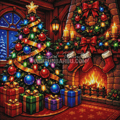 Rendu diamanté du Diamond Painting Le Réveillon au Coin du Feu 100x100 cm avec sapin, cheminée et cadeaux de Noël