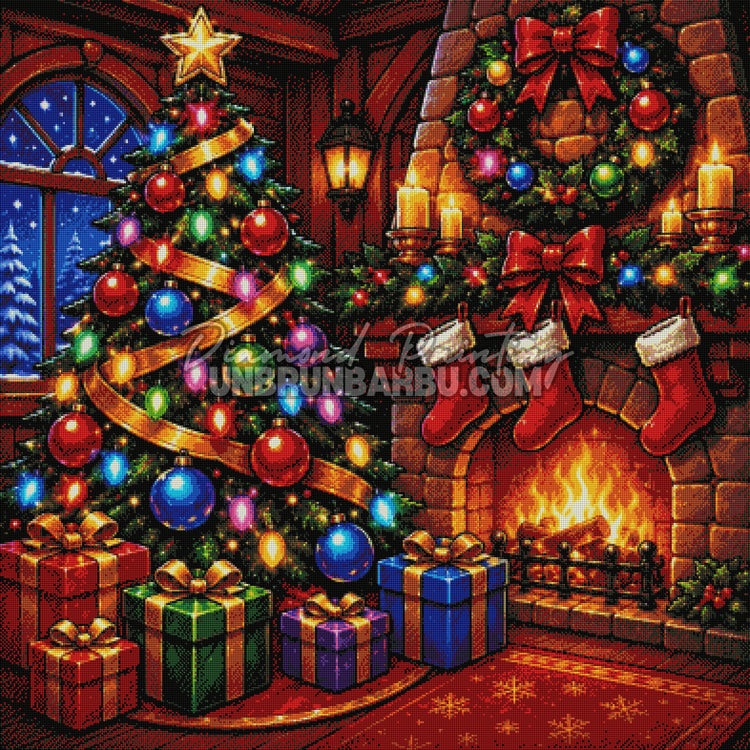 Rendu diamanté du Diamond Painting Le Réveillon au Coin du Feu 100x100 cm avec sapin, cheminée et cadeaux de Noël