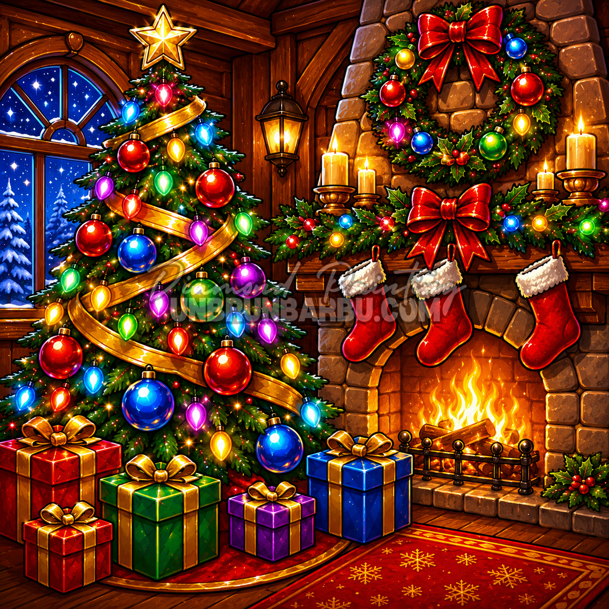 Diamond Painting Le Réveillon au Coin du Feu 100x100 cm avec sapin illuminé, cheminée, cadeaux et décorations de Noël