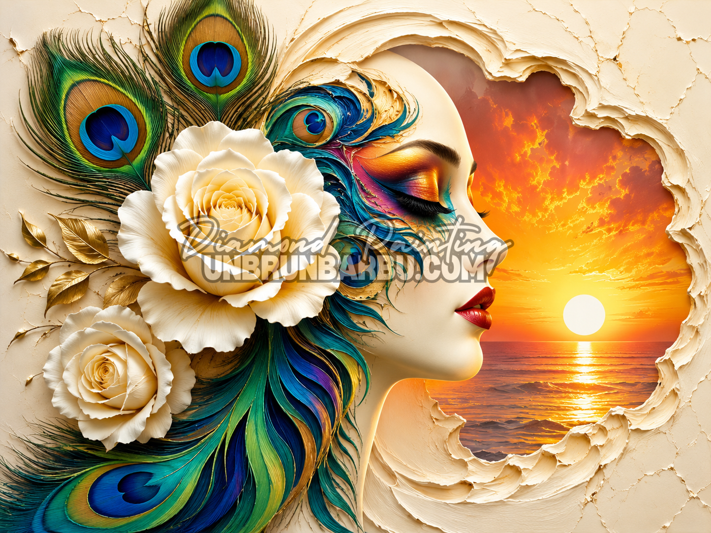 diamond painting reverie au crepuscule 110x85 cm portrait femme paon coucher de soleil