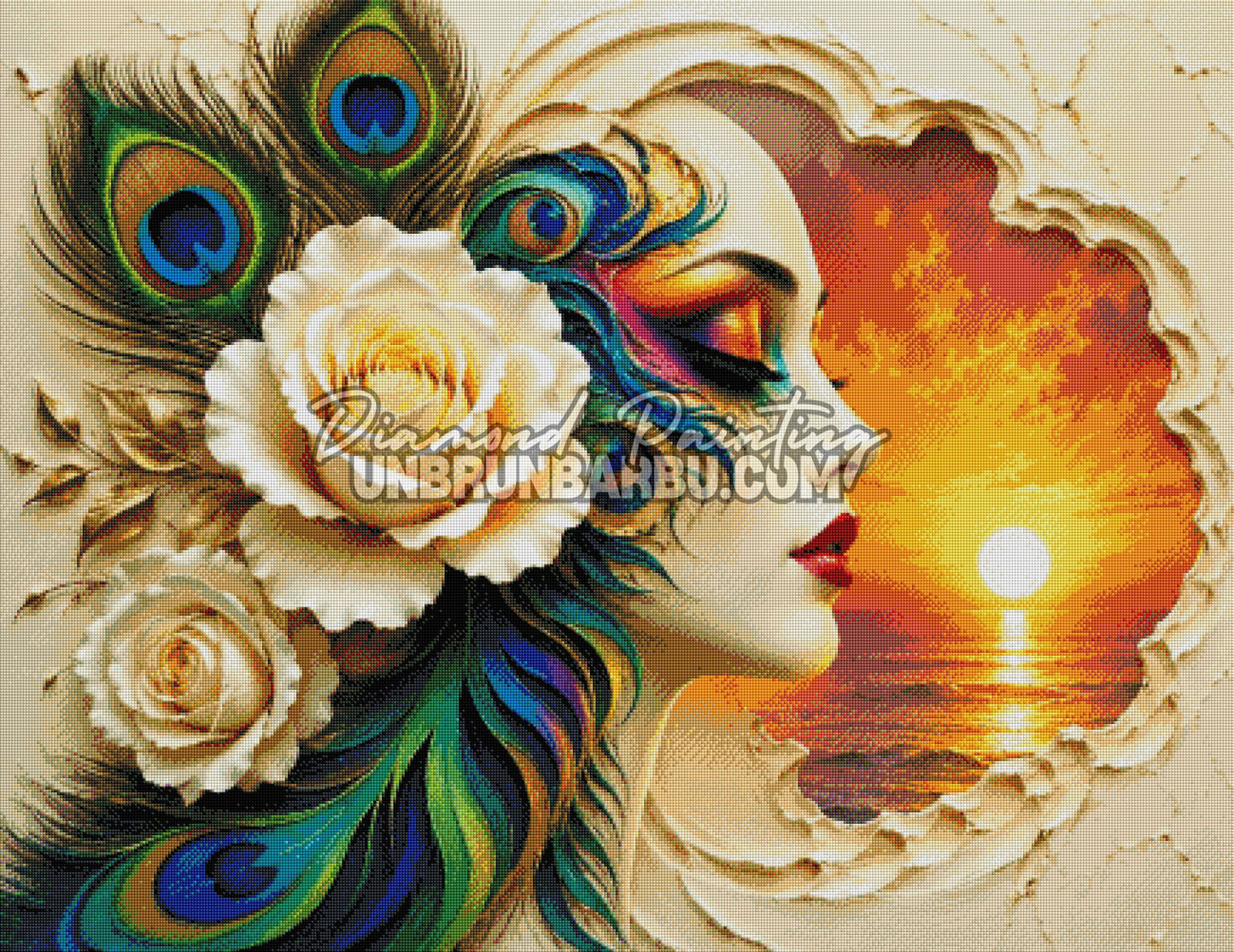 diamond painting reverie au crepuscule rendu diamante plumes de paon roses blanches