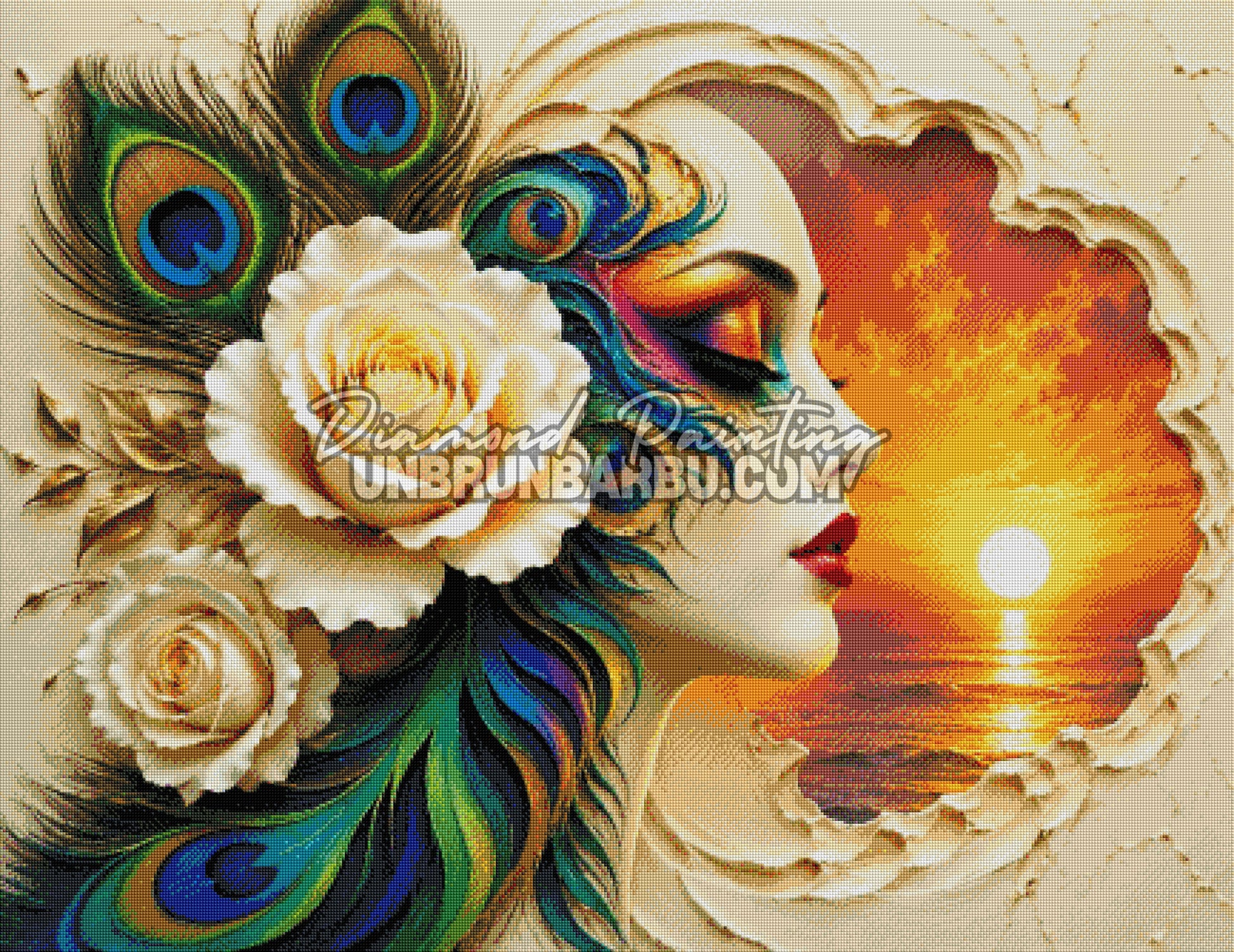 diamond painting reverie au crepuscule rendu diamante plumes de paon roses blanches