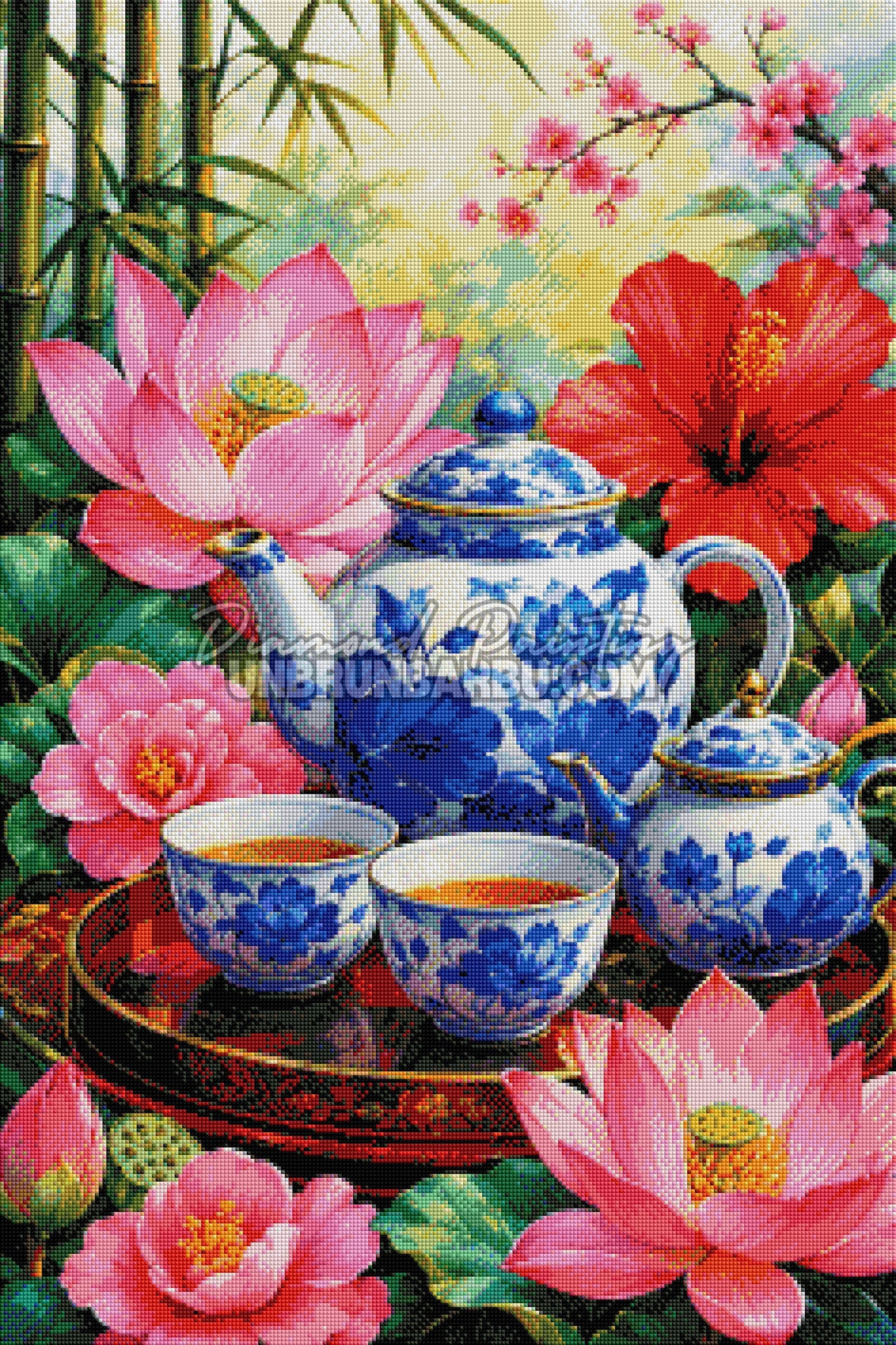 Layout Diamond Painting Rituel du Thé Lotus et Porcelaine 60x90 cm avec aperçu diamanté du service à thé et des lotus