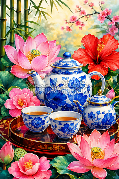 Diamond Painting Rituel du Thé Lotus et Porcelaine 60x90 cm avec service à thé bleu, lotus roses, bambous et fleurs colorées