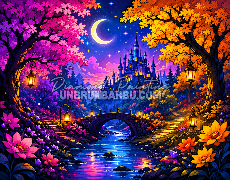 diamond painting riviere vers le chateau enchante 100x80 illustration