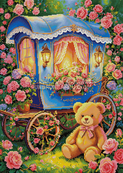 Rendu diamanté du Diamond Painting Roulotte Romantique 50x70 cm avec ourson, roulotte bleue et roses