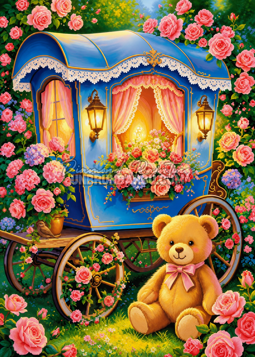 Diamond Painting Roulotte Romantique 50x70 cm avec roulotte bleue, roses roses et ourson assis dans le jardin