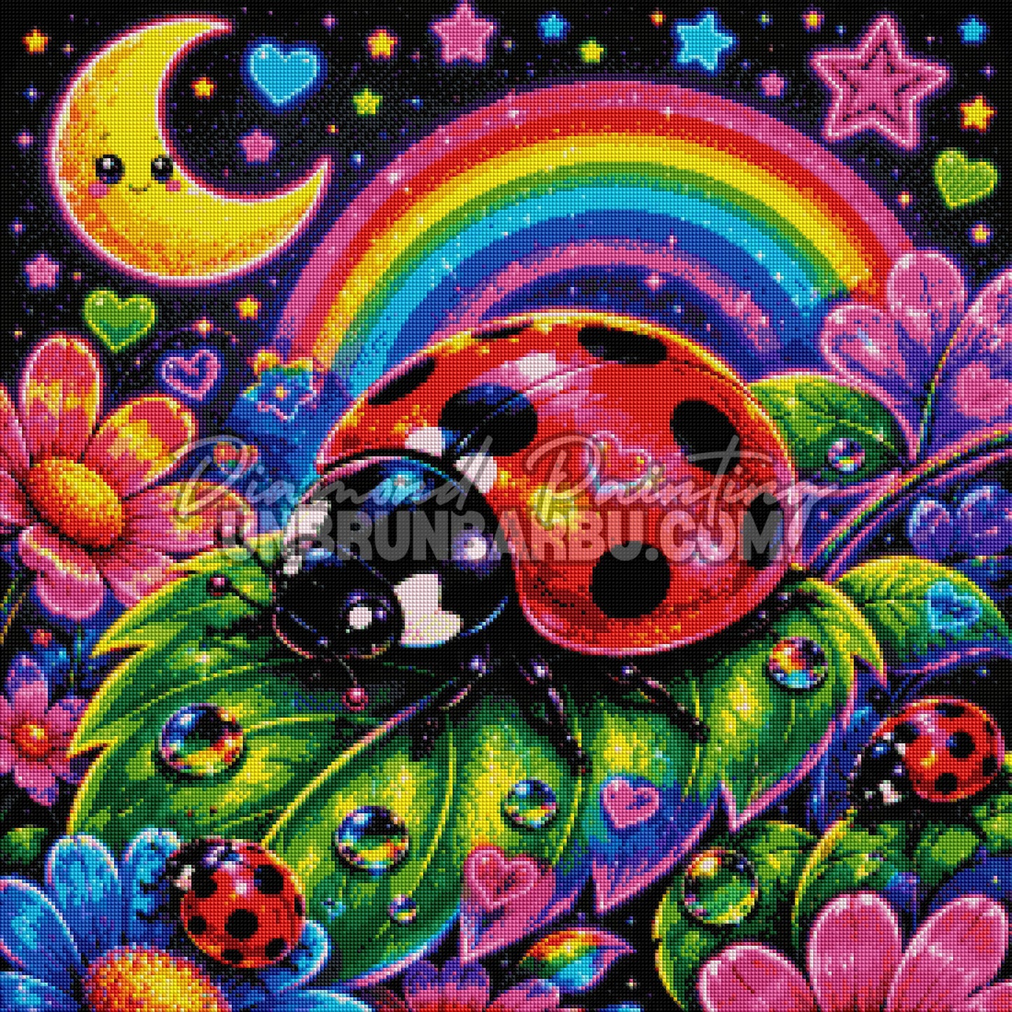 Rendu diamanté du Diamond Painting Royaume des Coccinelles 70x70 cm avec feuilles et gouttes irisées
