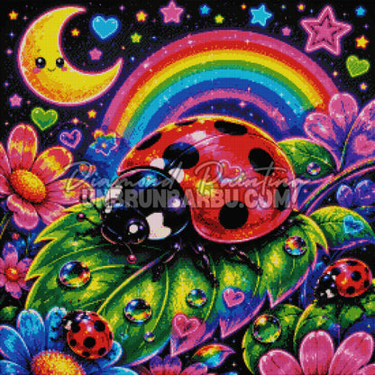 Rendu diamanté du Diamond Painting Royaume des Coccinelles 70x70 cm avec feuilles et gouttes irisées
