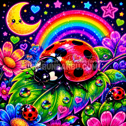 Diamond Painting Royaume des Coccinelles 70x70 cm avec coccinelles, arc-en-ciel, lune et fleurs colorées