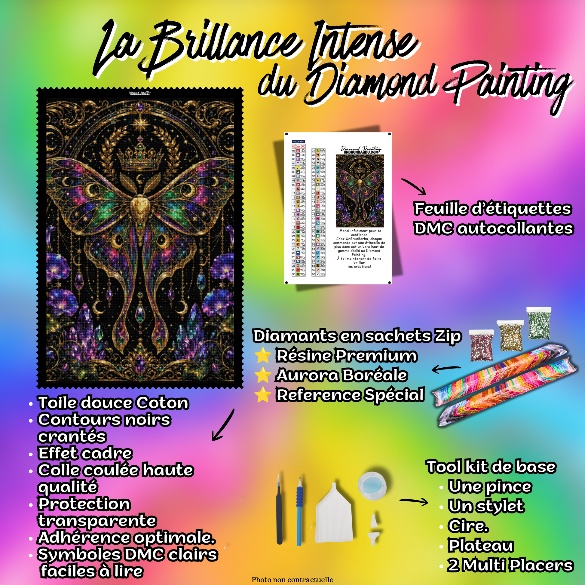 Kit premium Diamond Painting Royaume des Papillons avec toile coton, diamants en sachets zip, étiquettes DMC et accessoires