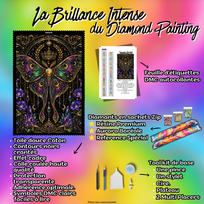 Kit premium Diamond Painting Royaume des Papillons avec toile coton, diamants en sachets zip, étiquettes DMC et accessoires