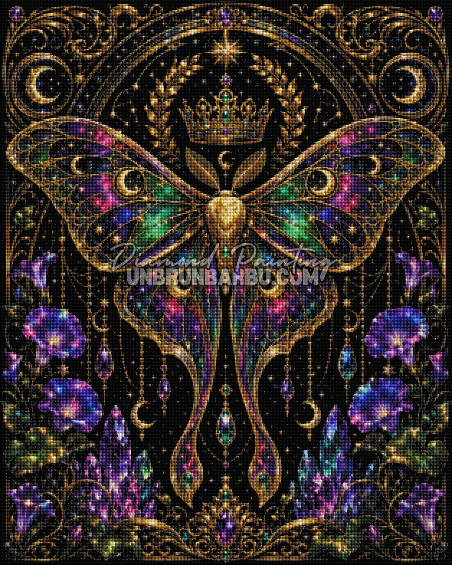 Layout Diamond Painting Royaume des Papillons 80x100 cm avec aperçu diamanté du papillon féerique, des cristaux et des ornements dorés