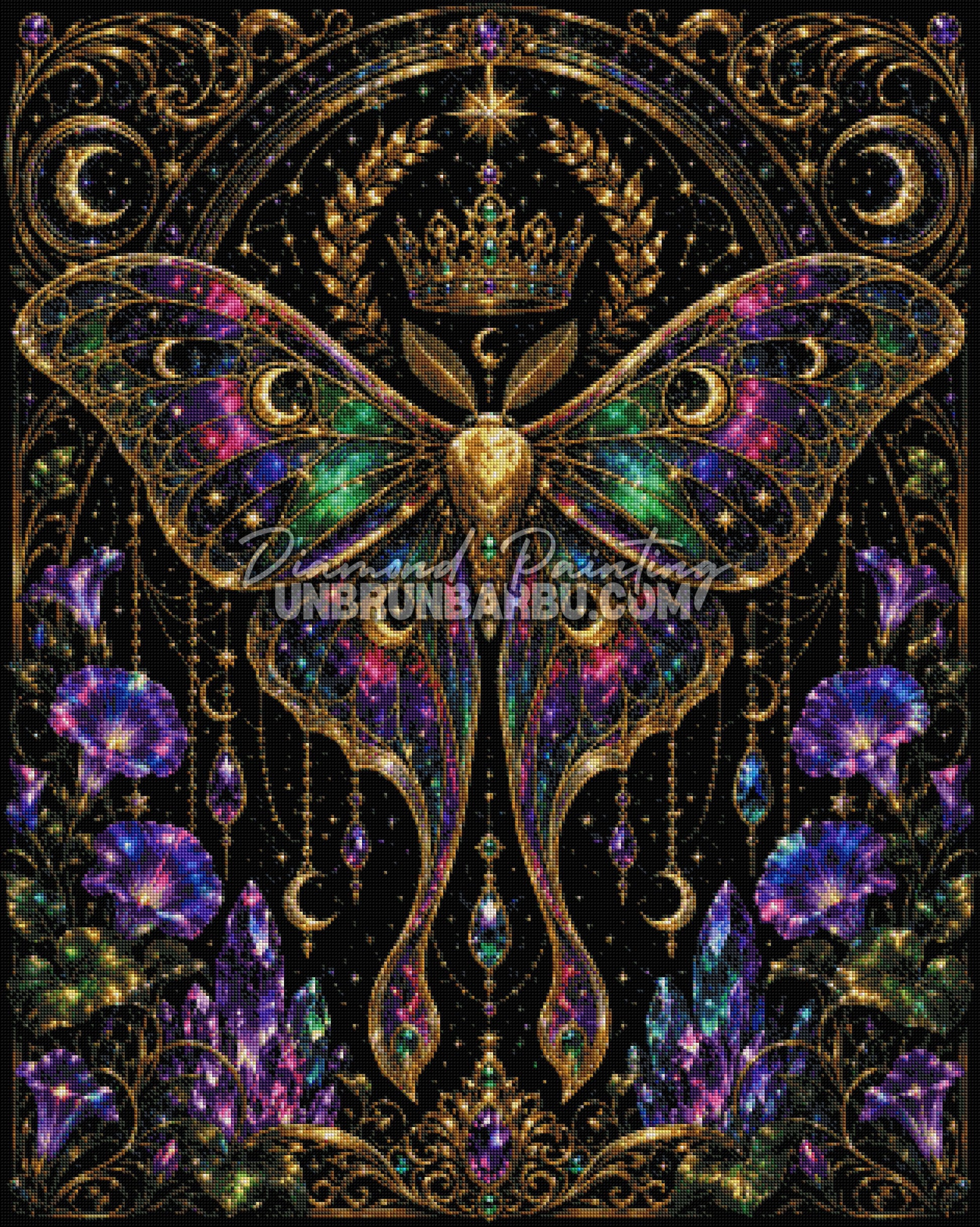 Layout Diamond Painting Royaume des Papillons 80x100 cm avec aperçu diamanté du papillon féerique, des cristaux et des ornements dorés