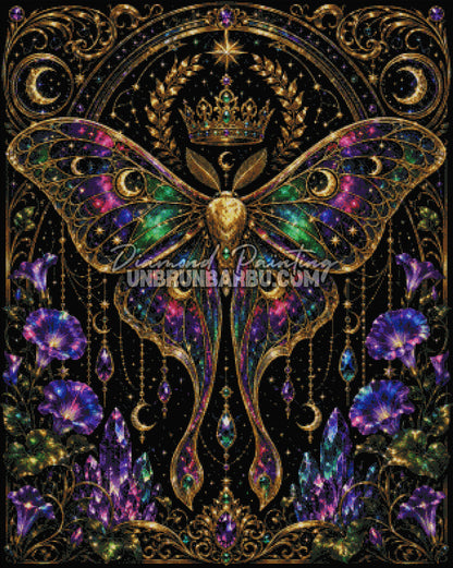 Layout Diamond Painting Royaume des Papillons 80x100 cm avec aperçu diamanté du papillon féerique, des cristaux et des ornements dorés